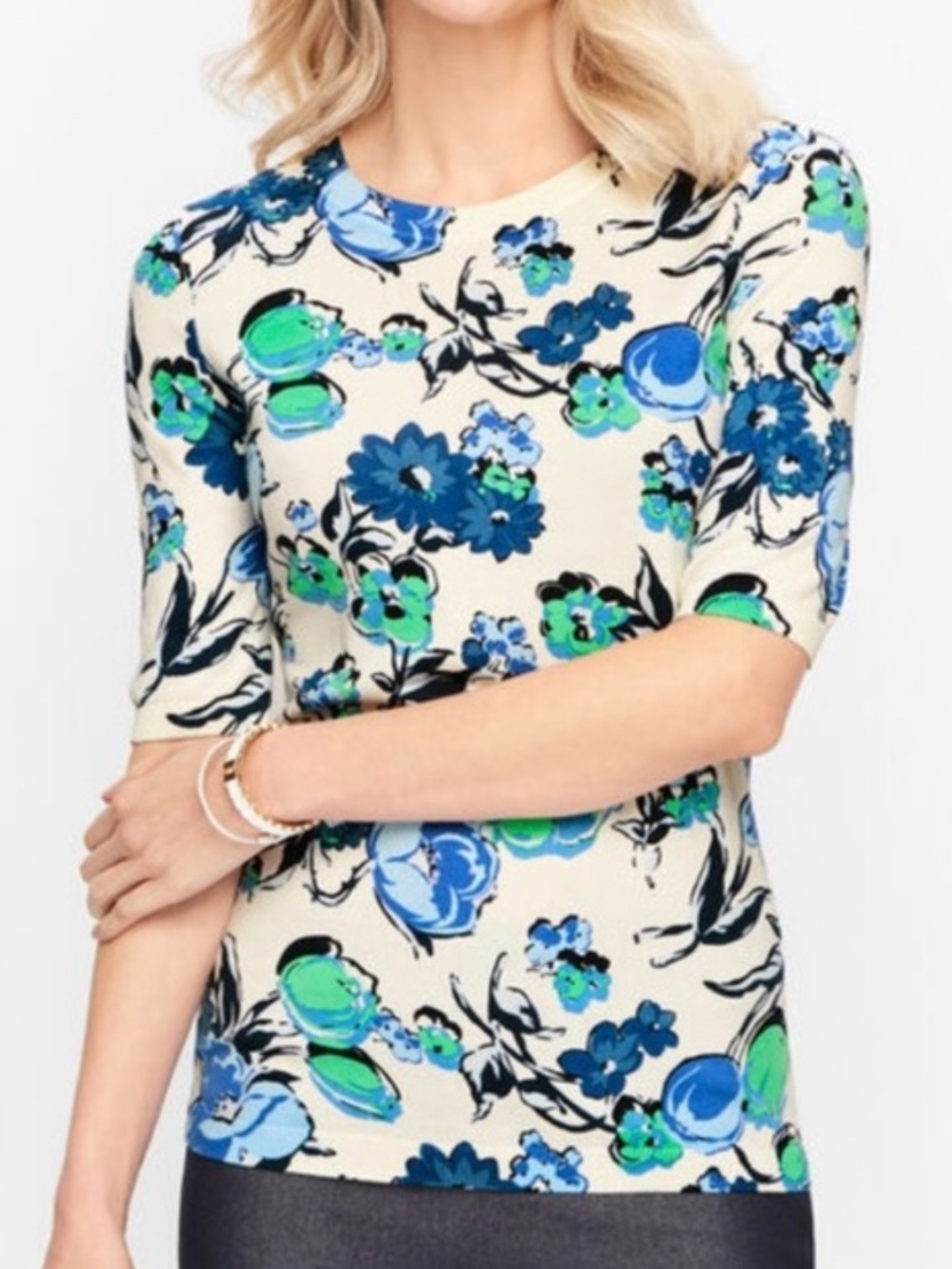 Talbots Plus Size 3X Cotton Blend Floral Pullover Sweater Elbow Sleeve
